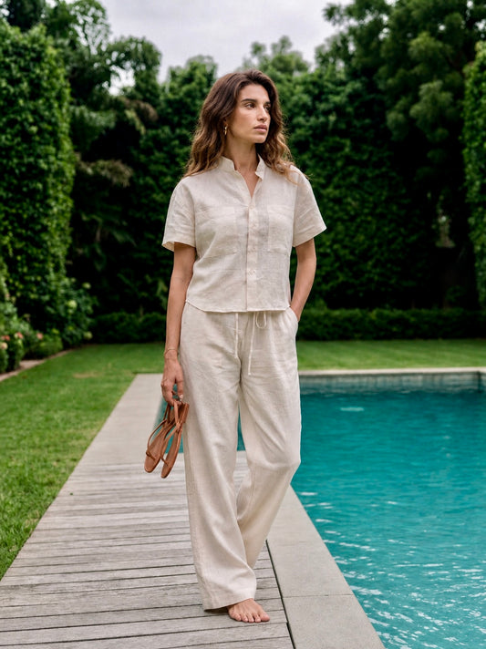 IVORY LINEN SHIRT WITH TIE-UP PANTS