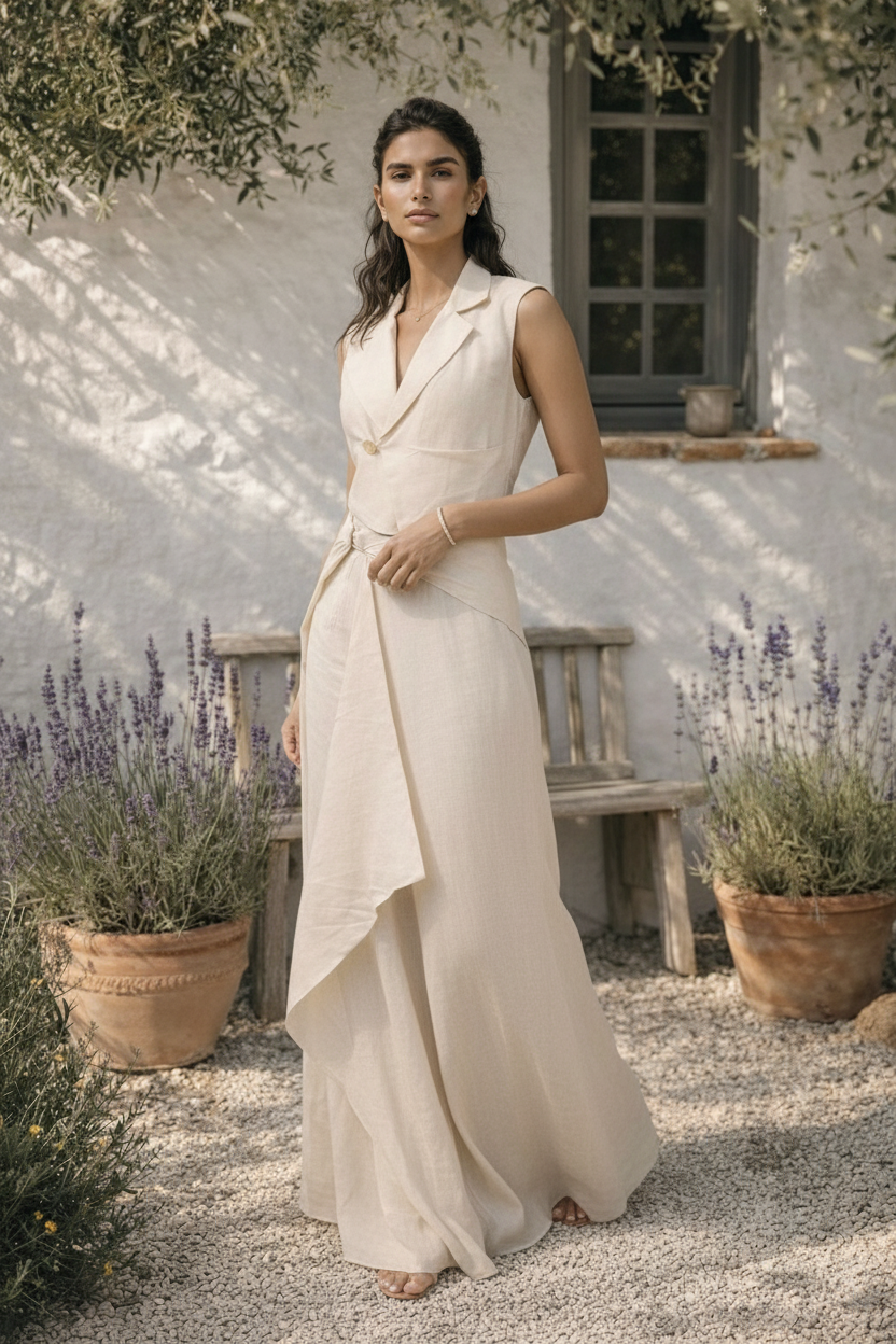 IVORY COLLARED VEST WITH OVERLAPPED DRAPE PANTS