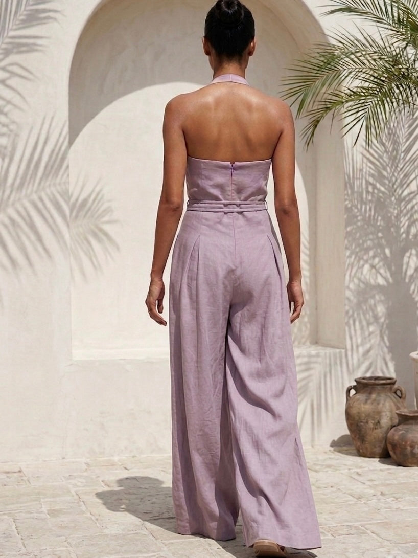 MAUVE JUMPSUIT WITH BOX PLEAD AND METAL EMBELLISHED TIE-UP BELT