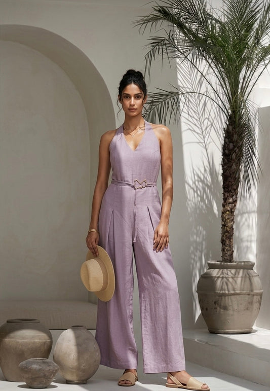 MAUVE JUMPSUIT WITH BOX PLEAD AND METAL EMBELLISHED TIE-UP BELT