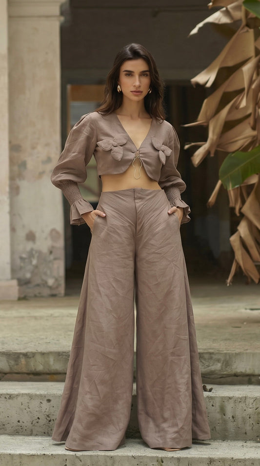 MOCHA MOUSSE FLORAL APPLIQUE TOP WITH METAL DETAILING WITH FLARED PANTS