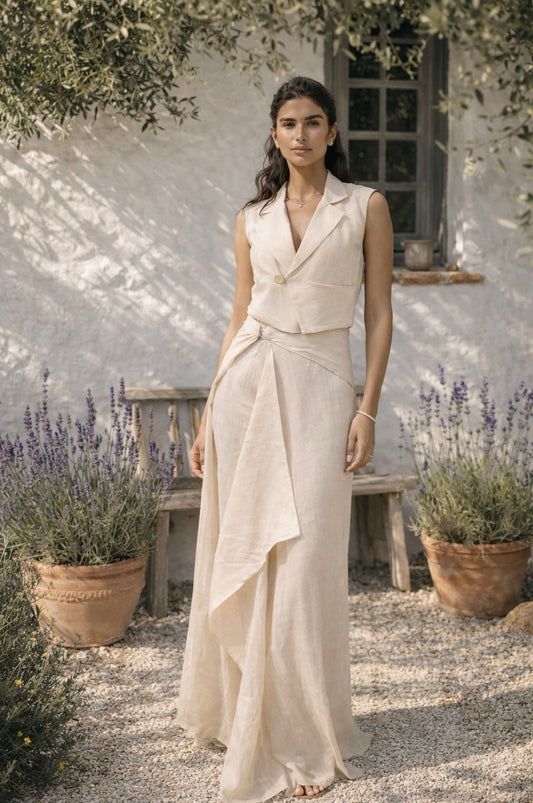 IVORY COLLARED VEST WITH OVERLAPPED DRAPE PANTS
