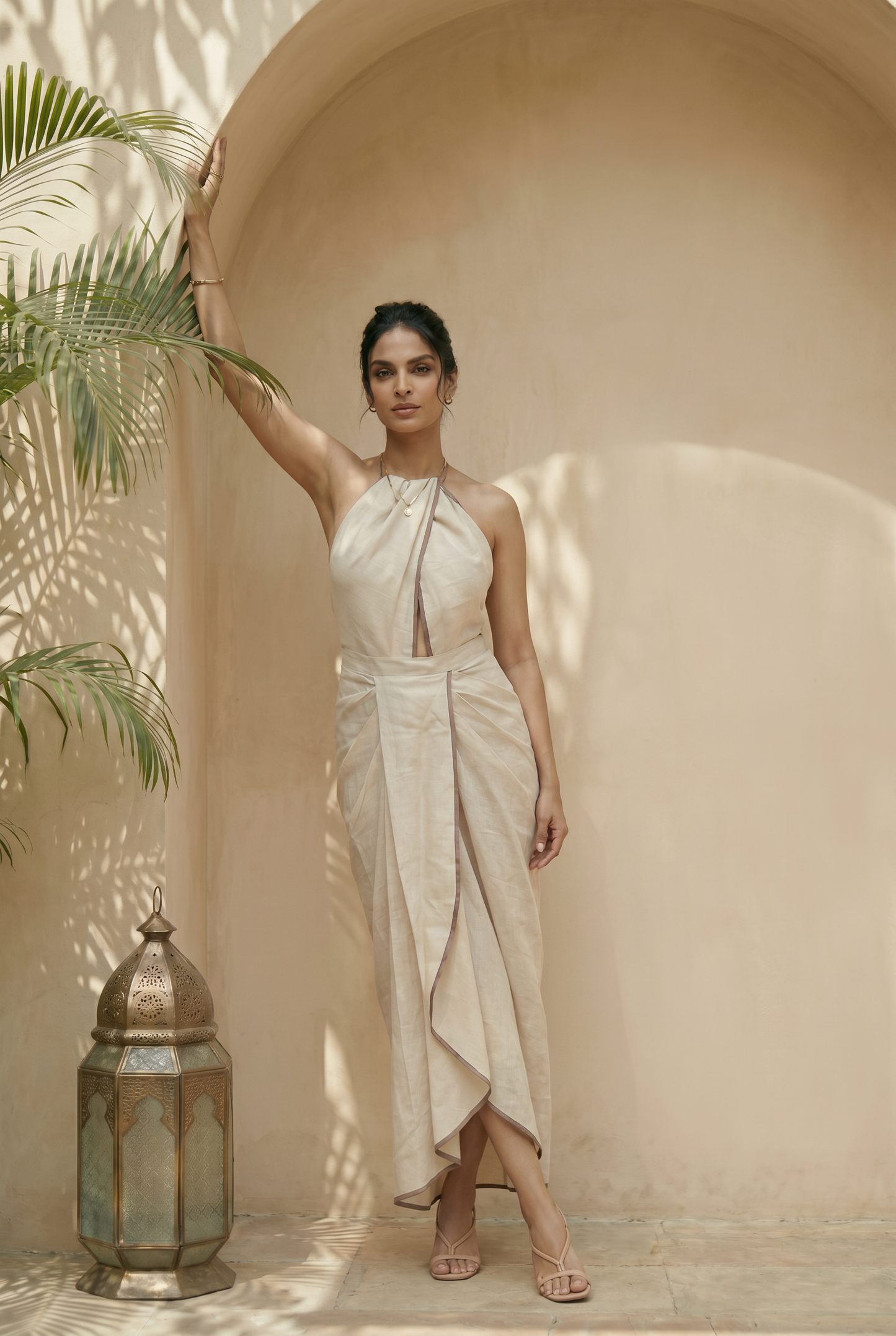 IVORY DRAPE TOP AND SKIRT WITH BROWN EDGING DETAILING