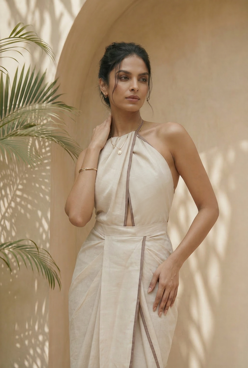 IVORY DRAPE TOP AND SKIRT WITH BROWN EDGING DETAILING