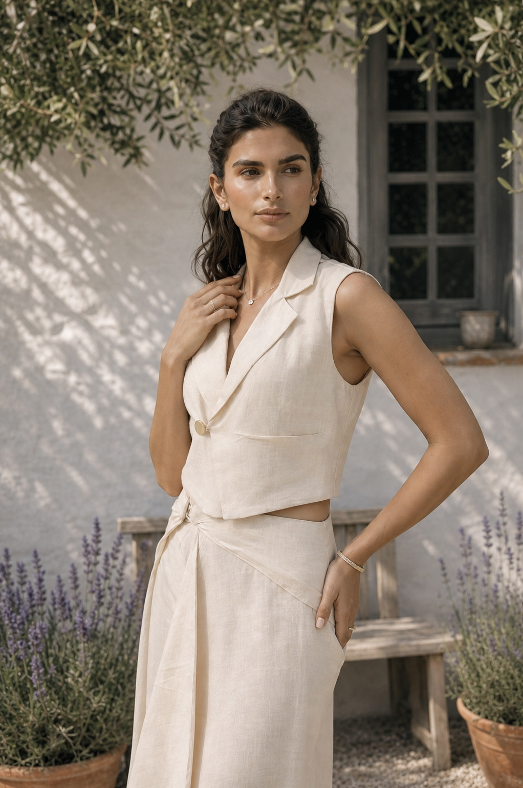 IVORY COLLARED VEST WITH OVERLAPPED DRAPE PANTS