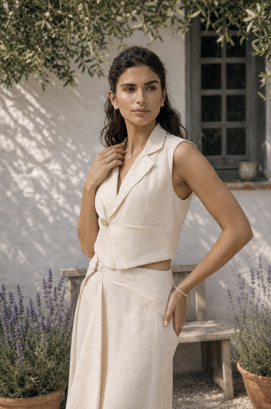 IVORY COLLARED VEST WITH OVERLAPPED DRAPE PANTS