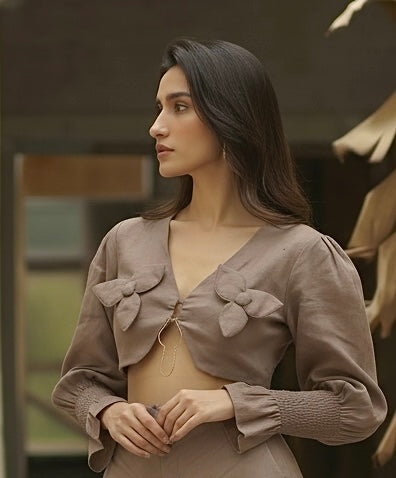 MOCHA MOUSSE FLORAL APPLIQUE TOP WITH METAL DETAILING WITH FLARED PANTS