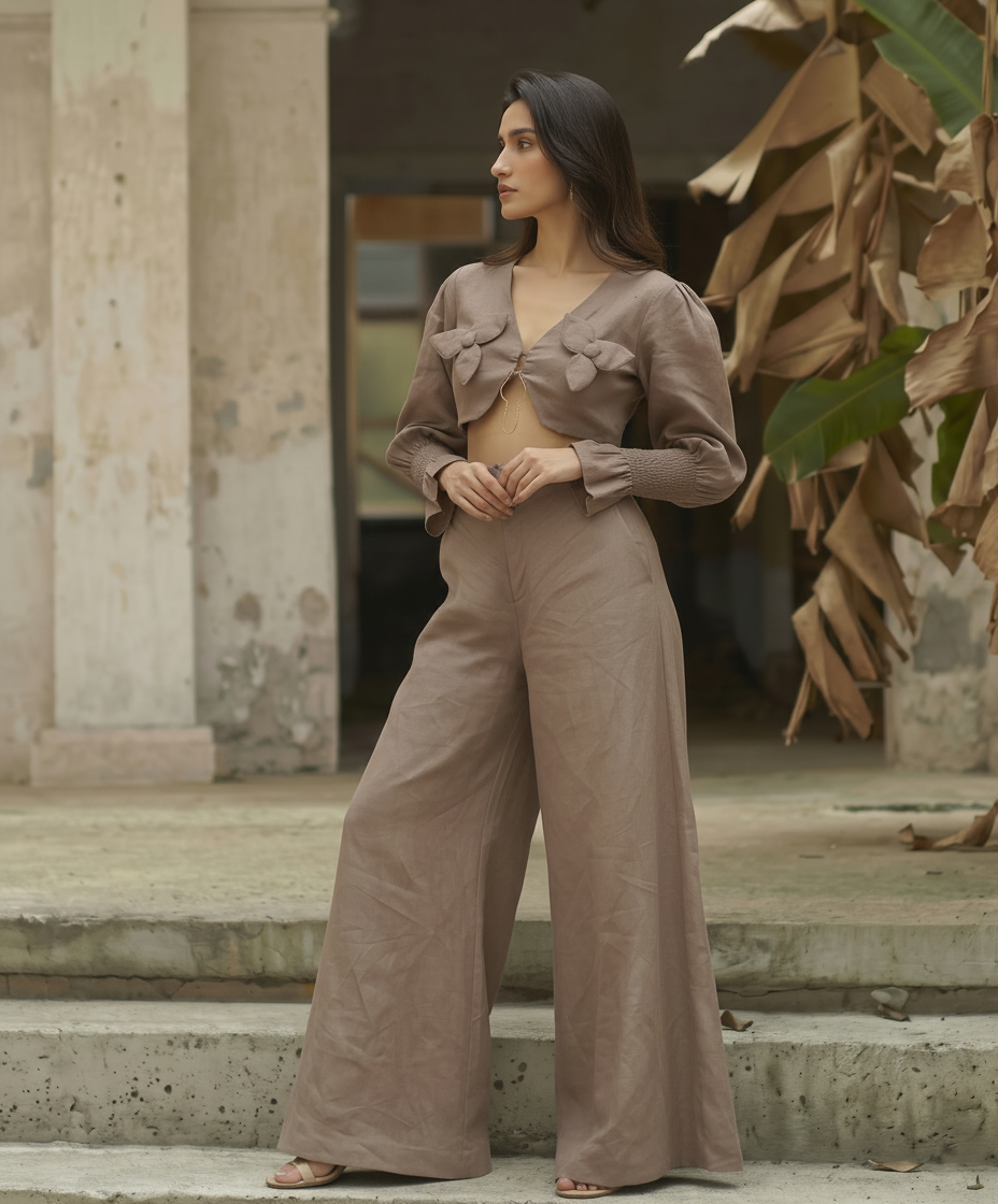 MOCHA MOUSSE FLORAL APPLIQUE TOP WITH METAL DETAILING WITH FLARED PANTS
