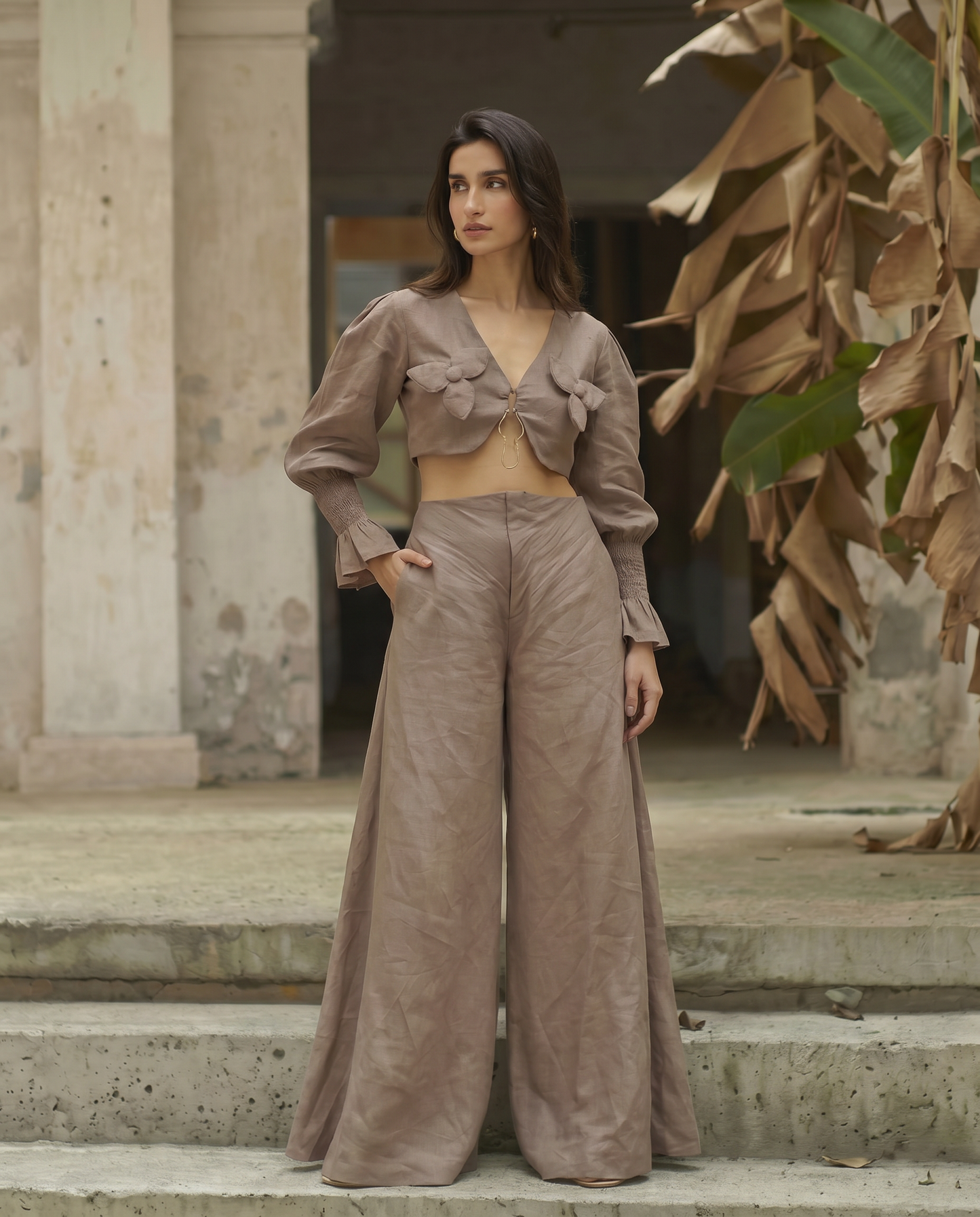 MOCHA MOUSSE FLORAL APPLIQUE TOP WITH METAL DETAILING WITH FLARED PANTS