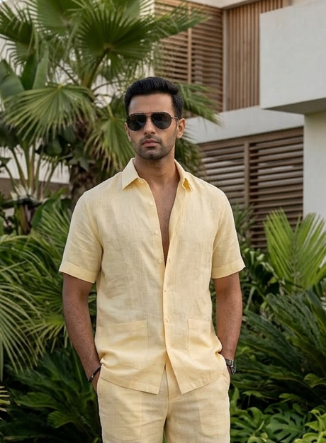 LEMON YELLOW DOUBLE POCKET SHIRT WITH BOTTOMS