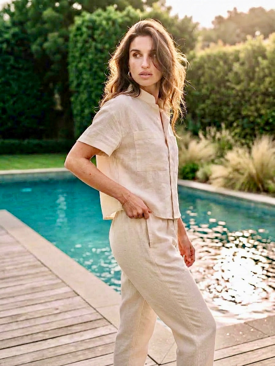 IVORY LINEN SHIRT WITH TIE-UP PANTS