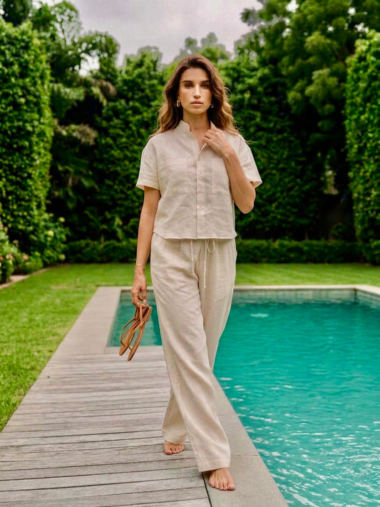IVORY LINEN SHIRT WITH TIE-UP PANTS